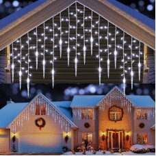 Qedertek Icicle Lights Outdoor, 432 LED 10M/35.4ft Christmas Lights, 8 Modes Bright White Icicle Lights with 72 Drops, Curtain Fairy Lights Mains Powered for Window, Party, Christmas Decorations
