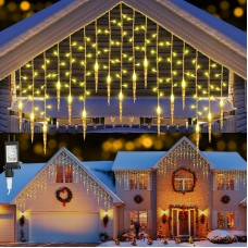 Qedertek Icicle Lights Outdoor, 432 LED 10M/35.4ft Christmas Lights, 8 Modes Bright Warm White Icicle Lights with 72 Drops, Curtain Fairy Lights Mains Powered for Window, Party, Christmas Decorations