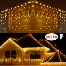 Qedertek Icicle Lights, 432 LED Christmas Fairy Lights Bright Indoor Curtain Lights with 8 Mode Function Mains Powered for Christmas Decorations (Warm White)