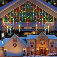 Qedertek Icicle Lights Outdoor, 432 LED 10M/35.4ft Christmas Lights, 8 Modes Bright Multicolor Icicle Lights with 72 Drops, Curtain Fairy Lights Mains Powered for Window, Party, Christmas Decorations